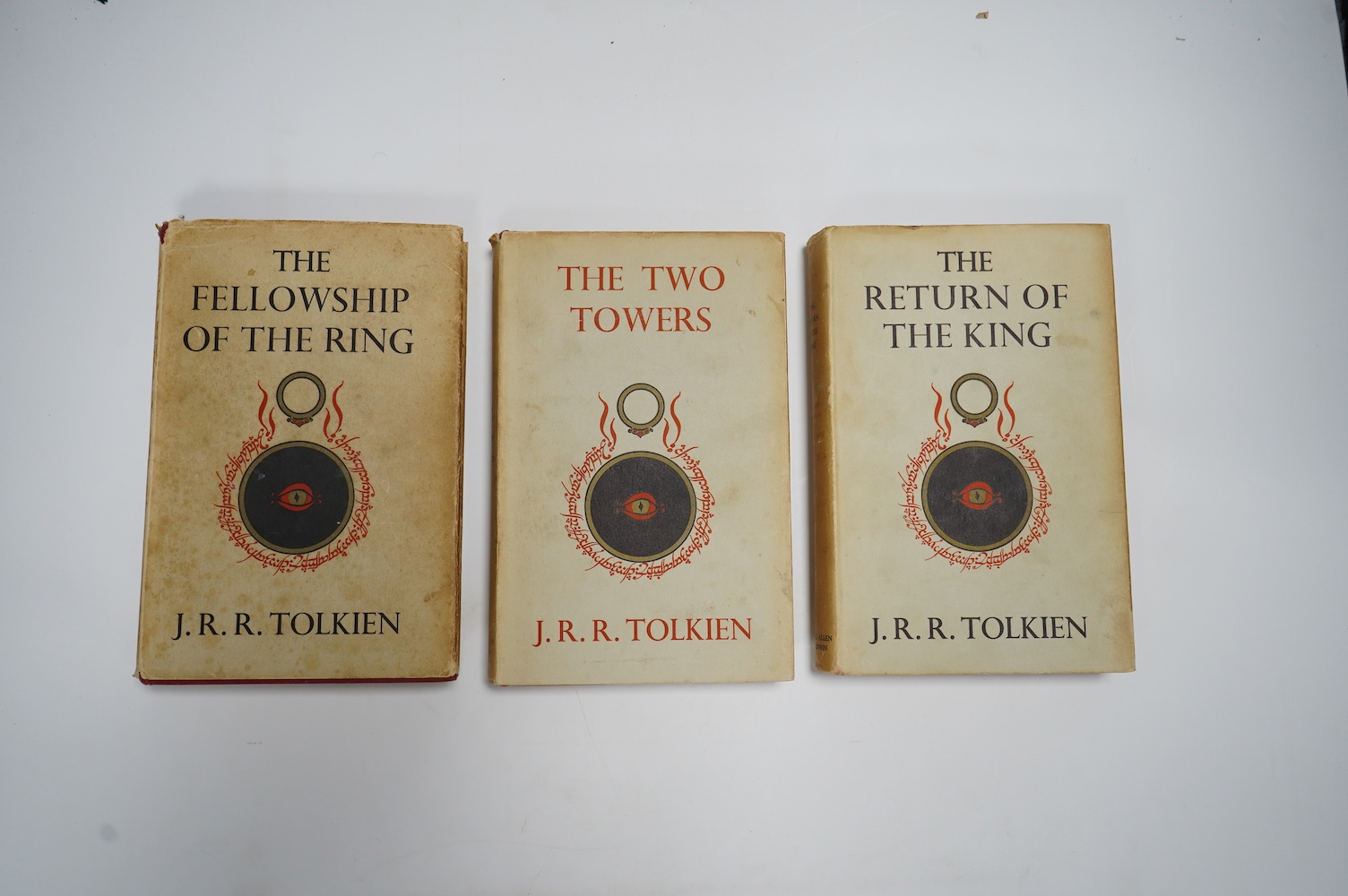 Tolkien, J.J.R - Lord of the Rings, 3 vols, to consist of The Fellowship of the Ring, first edition, 8th. impression, original cloth, folding map at rear, clipped dust-jacket, browned with slight loss to head of spine; T